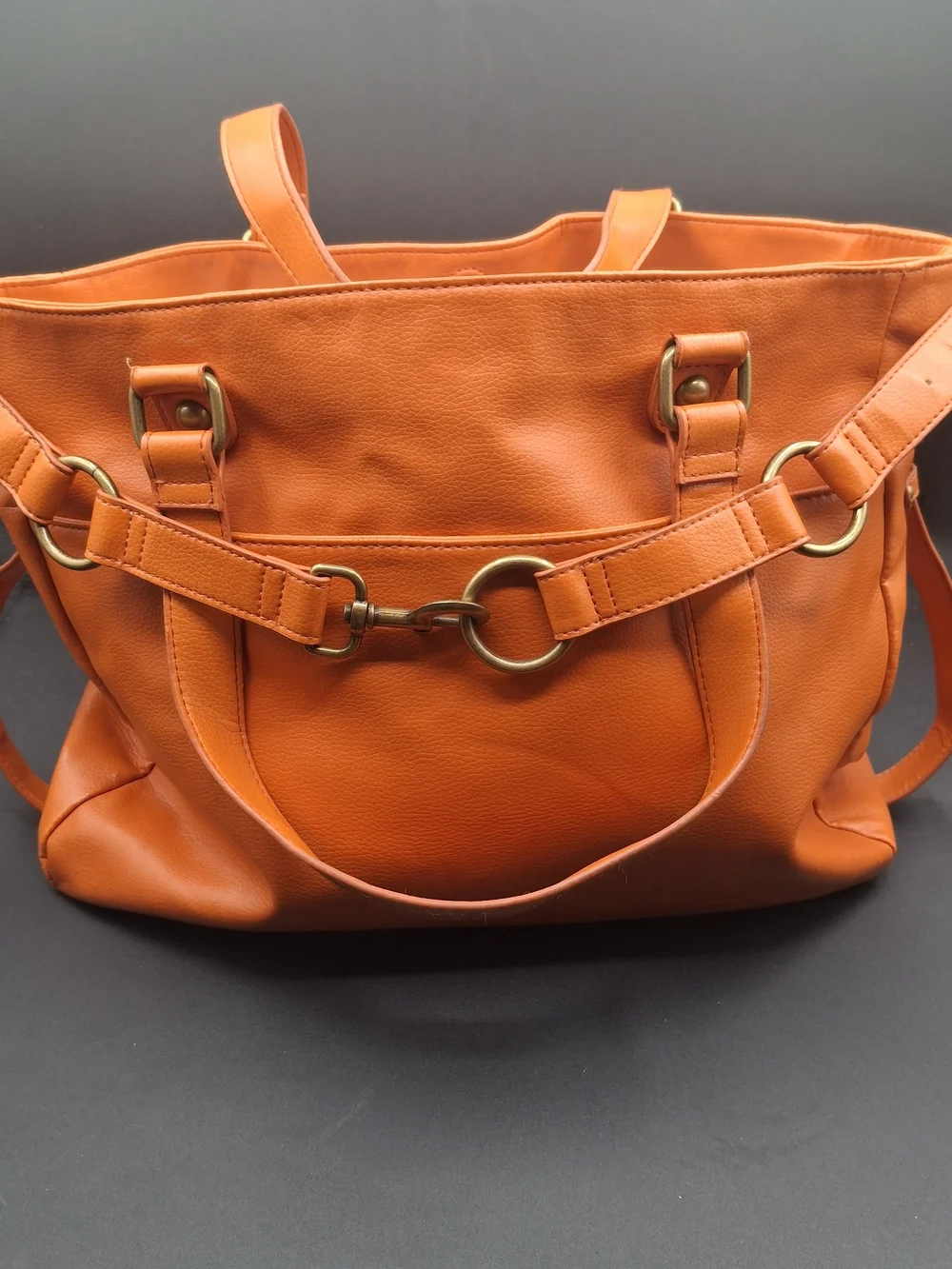 Women's Orange Leather Tote Bag with Ring-Link Accent